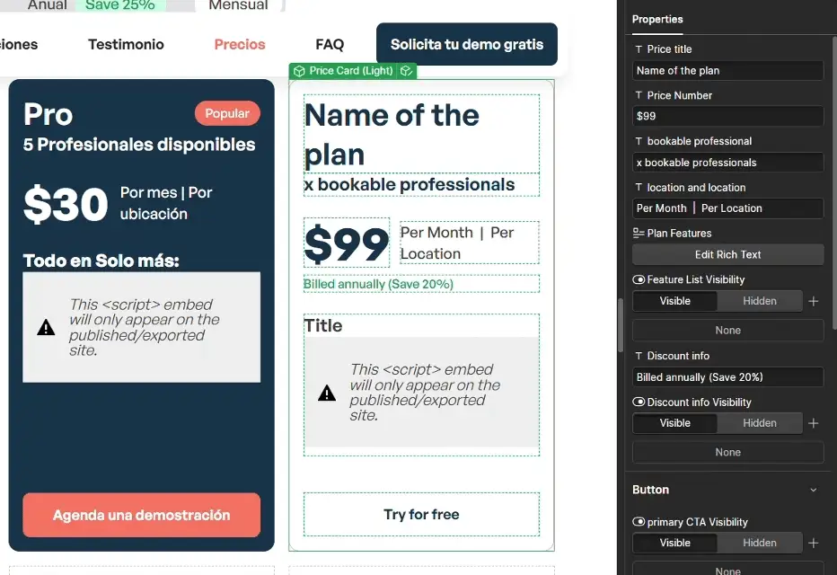 Screen recording of a Webflow component being built and configured with editable properties for a pricing card, demonstrating reusable web component creation